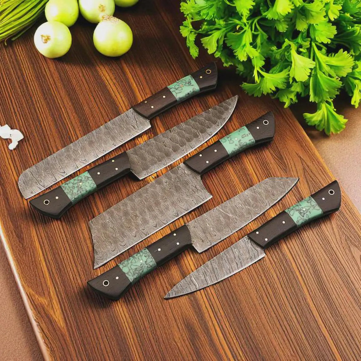 Damascus Steel Chef Knife Set 5 Pcs with Wooden handle
