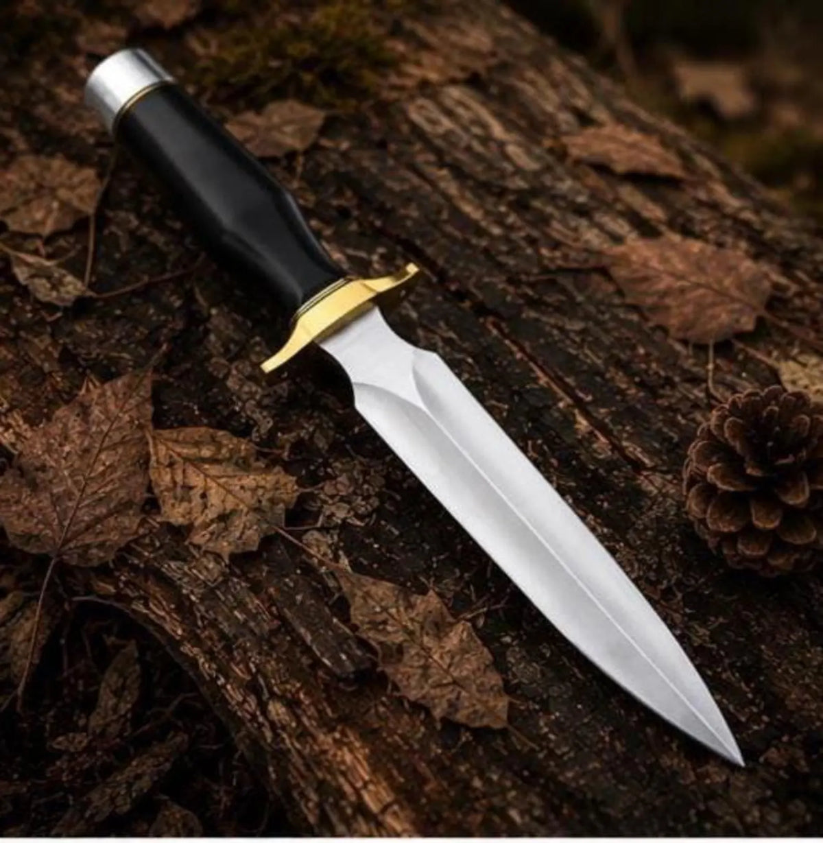 Hunting Bowie Knife – Fixed Blade with Black Handle & Gold Guard