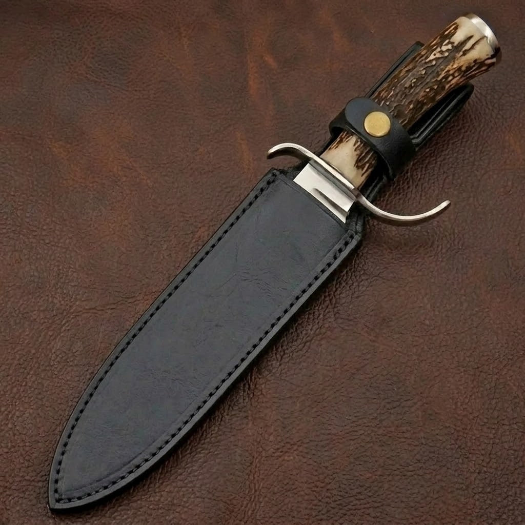 Handcrafted D2 Steel Bowie Hunting Knife with Premium Stag Antler Handle