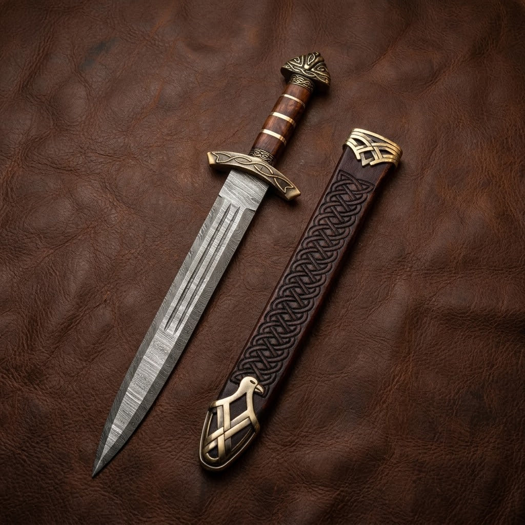 Custom Handcrafted Damascus Steel Viking Sword – Medieval Celtic Dagger with Pewter and Wood Handle