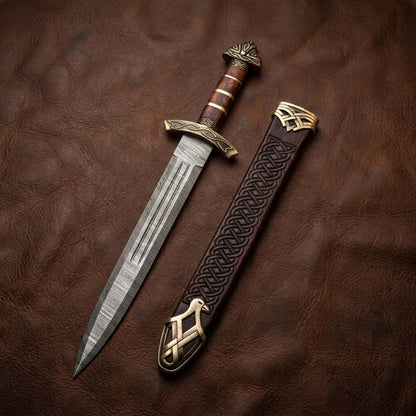 Custom Handcrafted Damascus Steel Viking Sword – Medieval Celtic Dagger with Pewter and Wood Handle