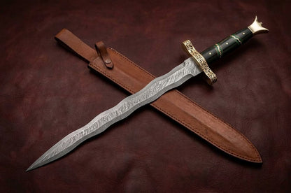 Handcrafted Damascus Viking Sword with Micarta Handle & Brass Guard with Leather Sheath