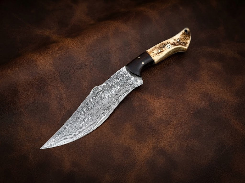 Handcrafted Custom Damascus Bowie Knife with Antler & Resin Handle and Leather Sheath