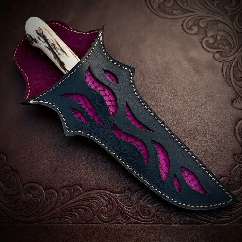 Custom Handmade Hunting Knife Stag Antler Handle & Designer Leather Sheath