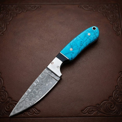 Cowboy Custom Damascus Hunting Knife Fixed Blade with Steel Bolster Resin & Hand-Tooled Leather Sheath