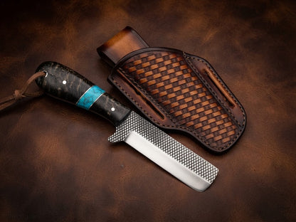 Custom Handmade Rasp Steel Blade Sheep Horn Handle Cowboy Bull Cutter Knife with Leather Sheath