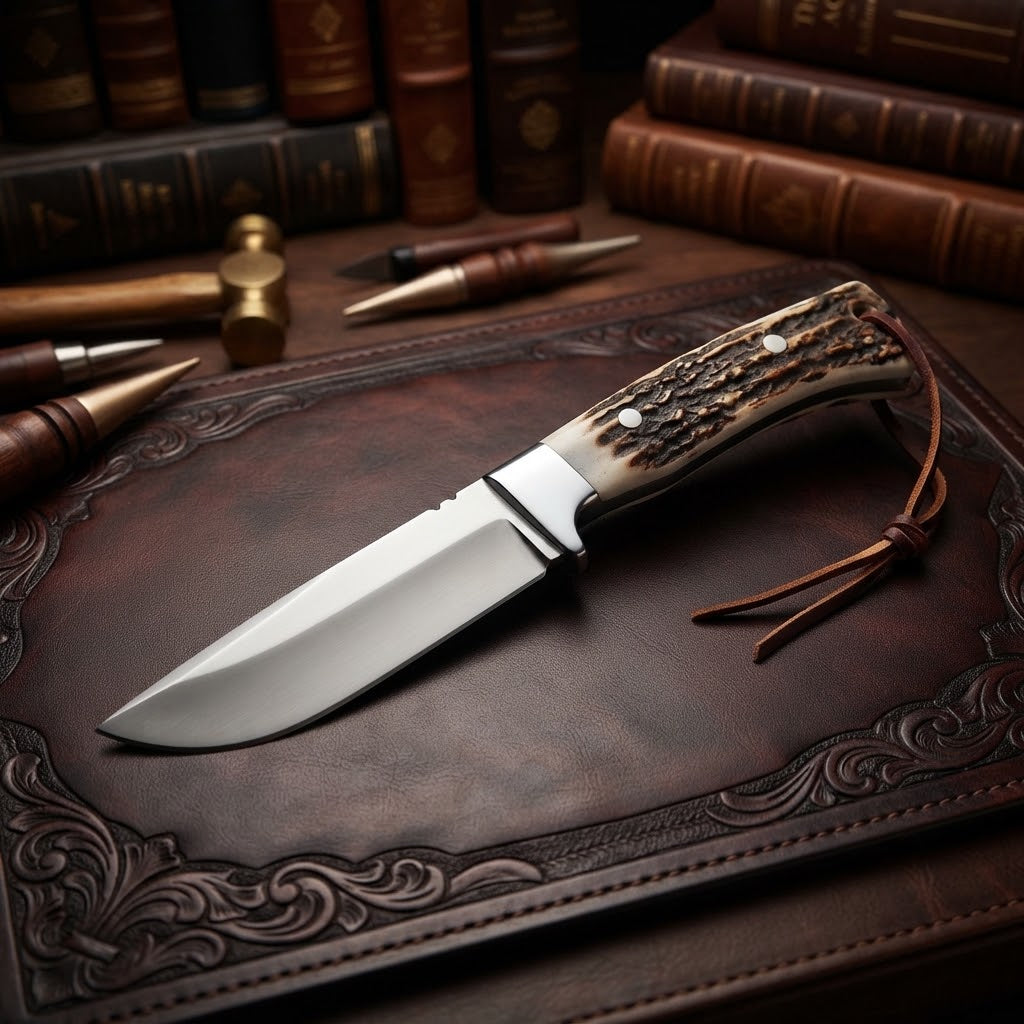 Handcrafted Custom Hunting Knife with Stag Antler Handle & Leather Sheath