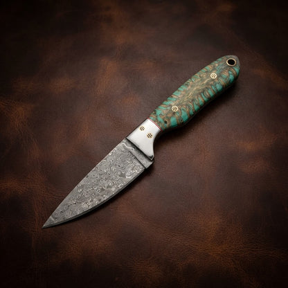 Handcrafted Custom Cowboy Hunting Knife Damascus Steel Blade Resin Handle with Tooled Leather Sheath