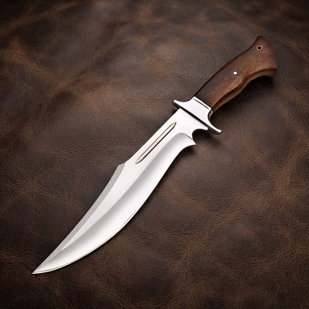 Handcrafted D2 Steel Bowie Hunting Knife with Rosewood Handle and Leather Sheath