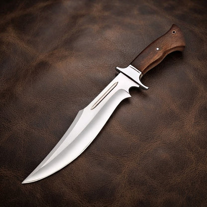 Handcrafted D2 Steel Bowie Hunting Knife with Rosewood Handle and Leather Sheath
