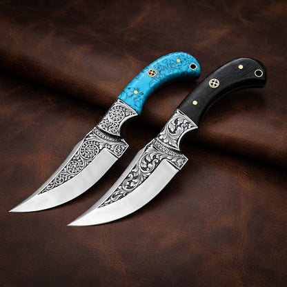 Hand-Engraved D2 Steel Hunting Knife Pair with Turquoise Resin & Wenge Wood Handles