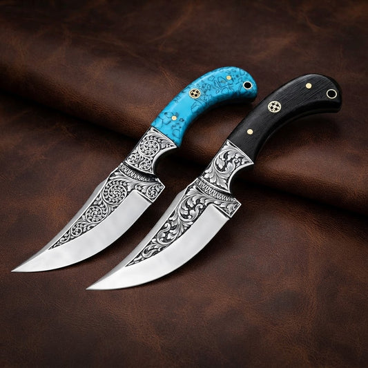 Hand-Engraved D2 Steel Hunting Knife Pair with Turquoise Resin & Wenge Wood Handles