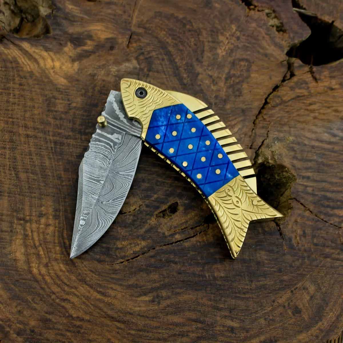 Blue & Gold Damascus Folding Knife – Ornate Pocket Knife with Decorative Handle