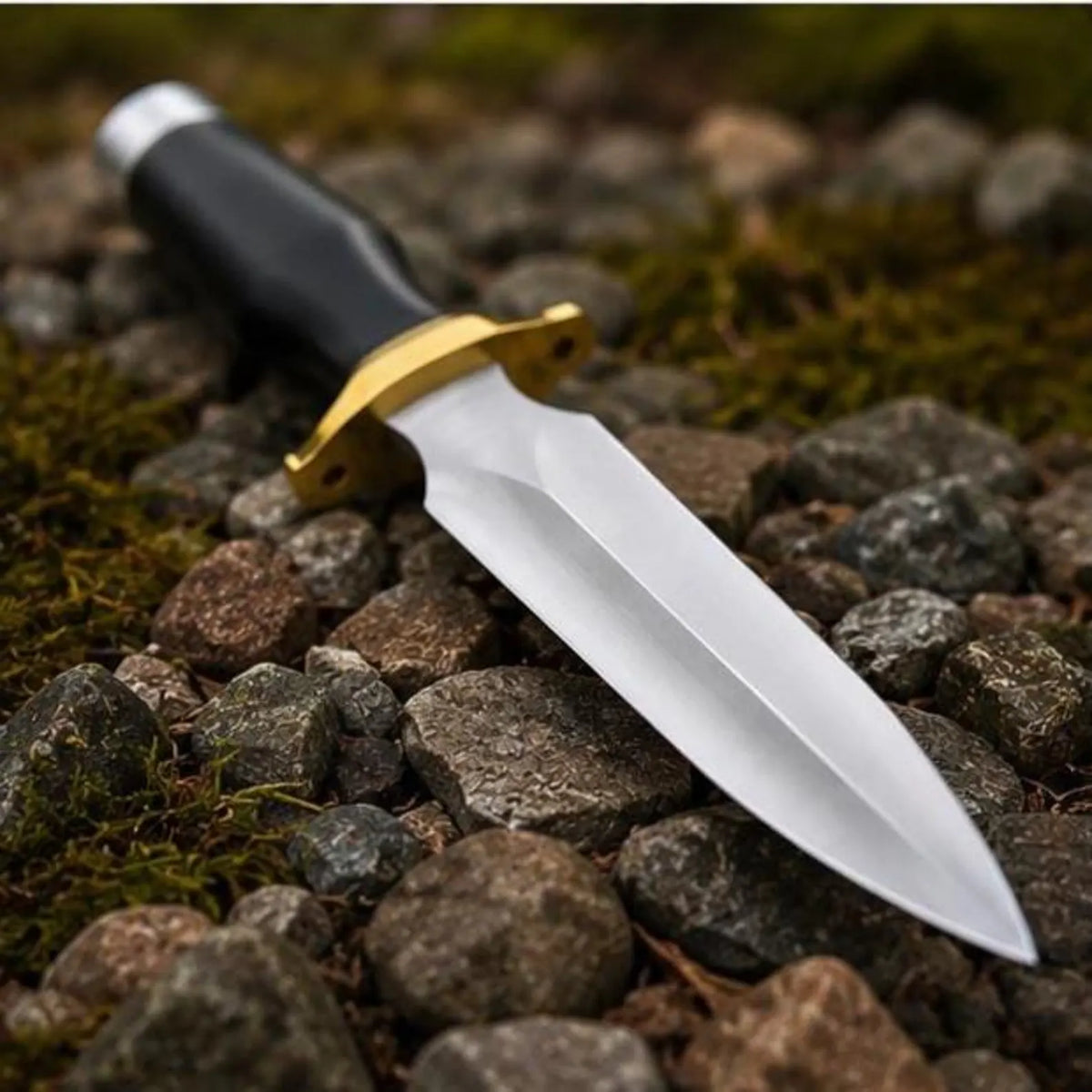 Hunting Bowie Knife – Fixed Blade with Black Handle & Gold Guard