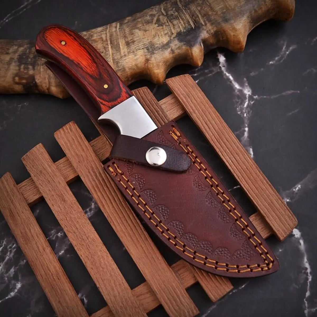 Wooden Handle Fixed Blade Knife with Leather Sheath – Outdoor & Hunting Knife