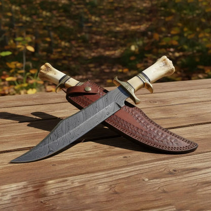 Handcrafted Damascus Steel Bowie Knife with Bone & Horn Handle
