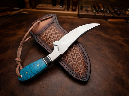 Handmade Cowboy D2 Steel Hunting Knife with Turquoise Resin Handle & Leather Sheath