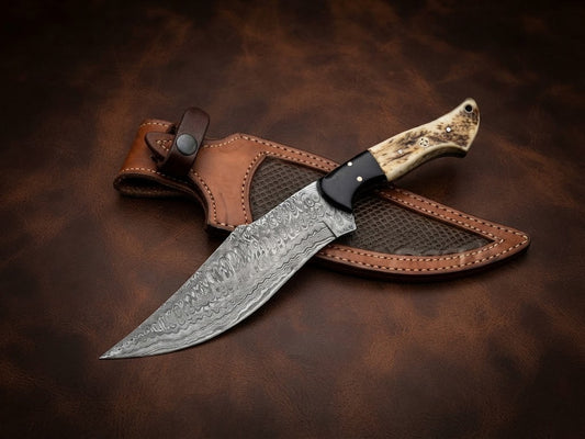 Handcrafted Custom Damascus Bowie Knife with Antler & Resin Handle and Leather Sheath