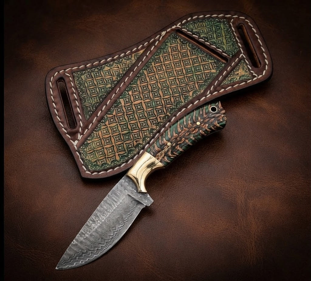 Handcrafted Damascus Steel Cowboy Hunting Knife with Pinecone Handle & Leather Sheath