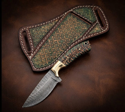 Handcrafted Damascus Steel Cowboy Hunting Knife with Pinecone Handle & Leather Sheath