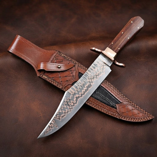 Handcrafted Copper Damascus Bowie Knife with Rosewood Handle & Copper Guard