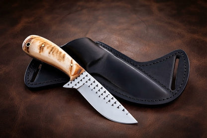 Custom Handmade Rasp Steel Blade Sheep Horn Handle Cowboy Knife with Leather Sheath