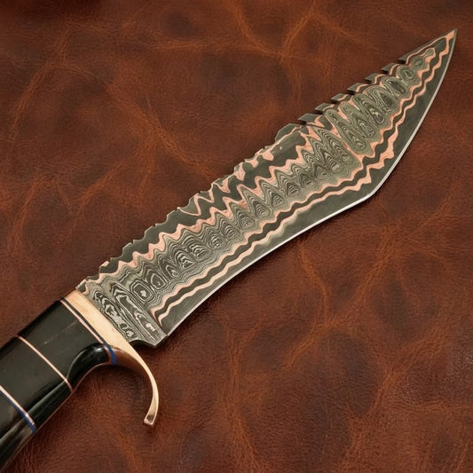 Handcrafted Copper Damascus Steel Bowie Hunting Knife with Premium Buffalo Horn Handle