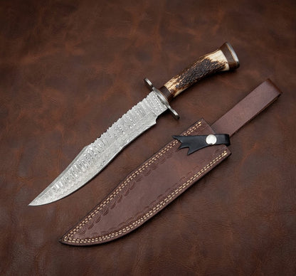 Handcrafted Damascus Steel Bowie Knife with Genuine Deer Antler Handle Custom Hunting Knife