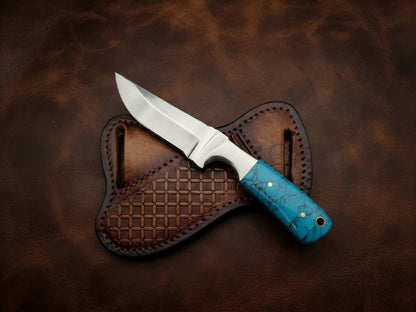 Custom Handmade D2 Steel Turquoise Resin Cowboy Hunting Knife with Sheath