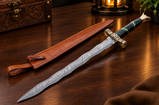 Handcrafted Damascus Viking Sword with Micarta Handle & Brass Guard with Leather Sheath