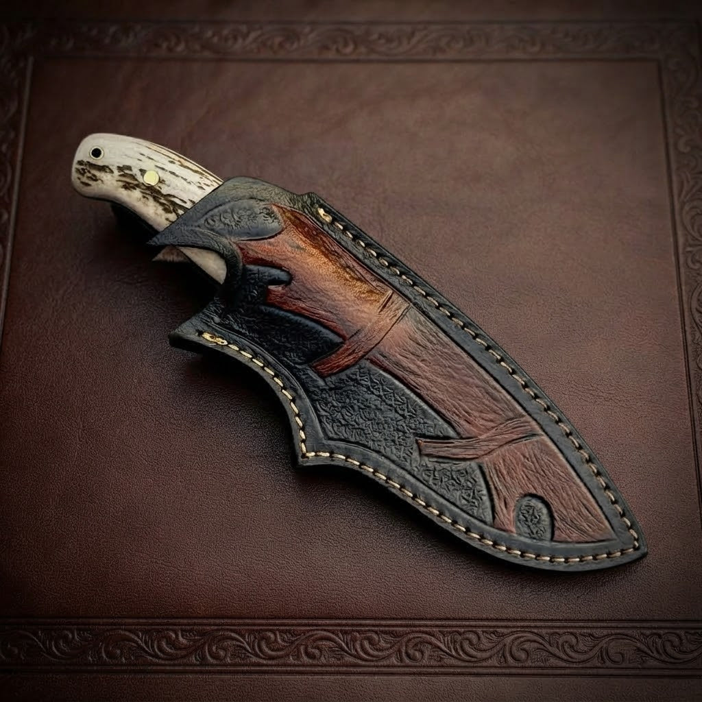 Handcrafted Damascus Steel Hunting Knife with Antler Handle & Leather Sheath