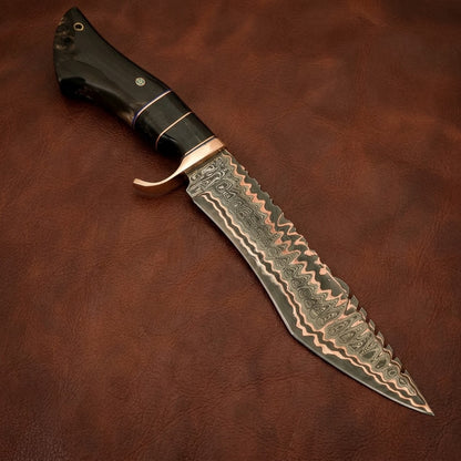 Handcrafted Copper Damascus Steel Bowie Hunting Knife with Premium Buffalo Horn Handle