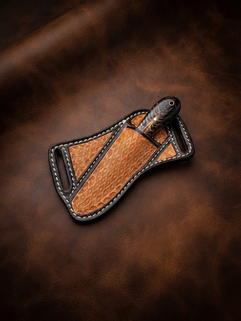 Handcrafted Custom Rasp Blade Cowboy Hunting Knife with Amber Pinecone Handle & Leather Sheath