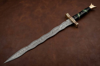 Handcrafted Damascus Viking Sword with Micarta Handle & Brass Guard with Leather Sheath
