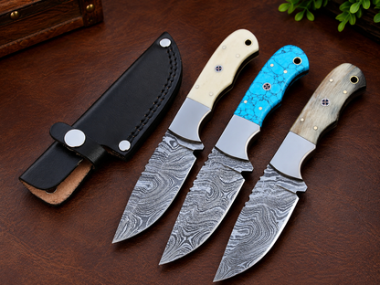 Handcrafted Damascus Steel Hunting Knife with Premium Handle & Leather Sheath