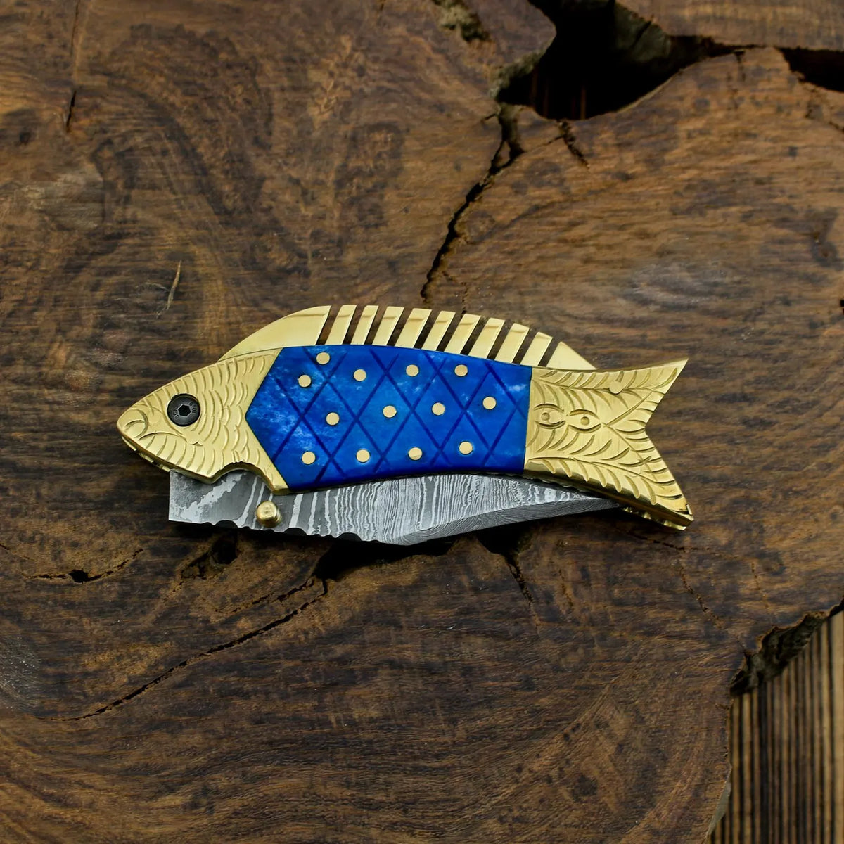 Blue & Gold Damascus Folding Knife – Ornate Pocket Knife with Decorative Handle