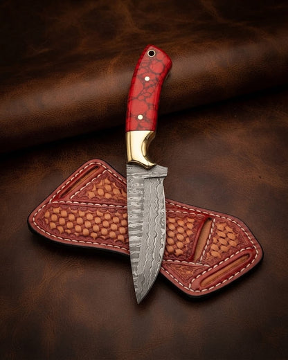 Handcrafted Damascus Steel Cowboy Hunting Knife with Red Resin Handle & Leather Sheath