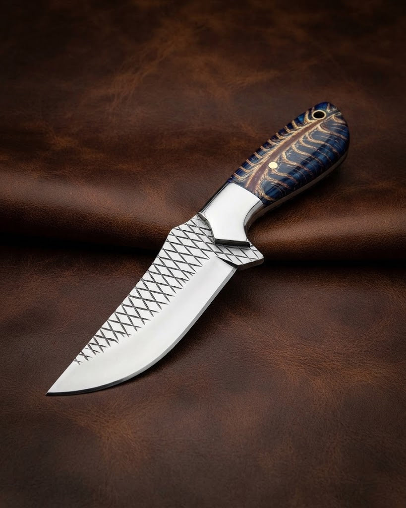 Handcrafted Custom Cowboy Hunting Knife Stabilized Blue Pinecone Handle & Rasp Blade