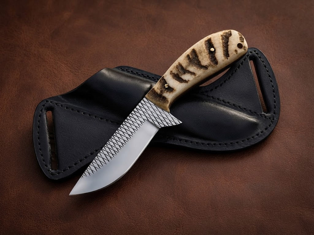 Custom Handmade Rasp Steel Blade Sheep Horn Handle Cowboy Knife with Leather Sheath