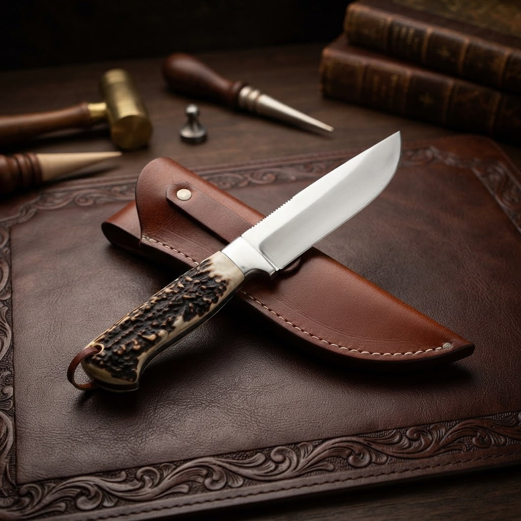 Handcrafted Custom Hunting Knife with Stag Antler Handle & Leather Sheath