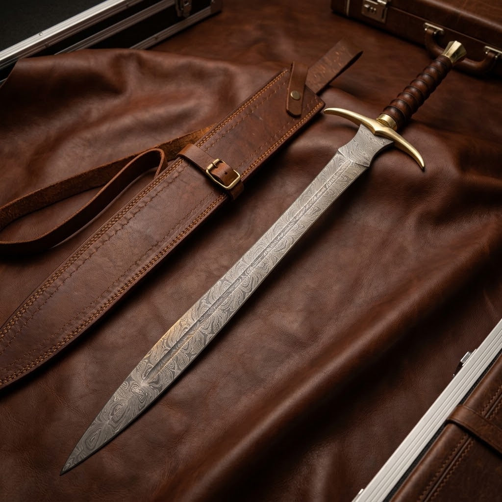 Handcrafted Damascus Steel Viking Sword with Brass and Wood Handle & Leather Sheath