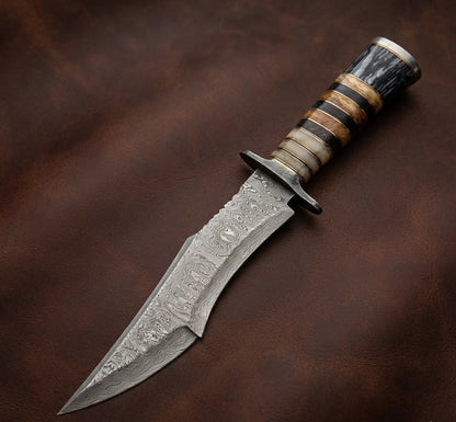 Custom Damascus Steel Bowie Knife – Handcrafted Rosewood & Bone Hunting Knife