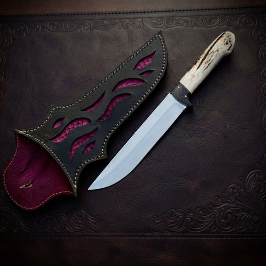 Custom Handmade Hunting Knife Stag Antler Handle & Designer Leather Sheath