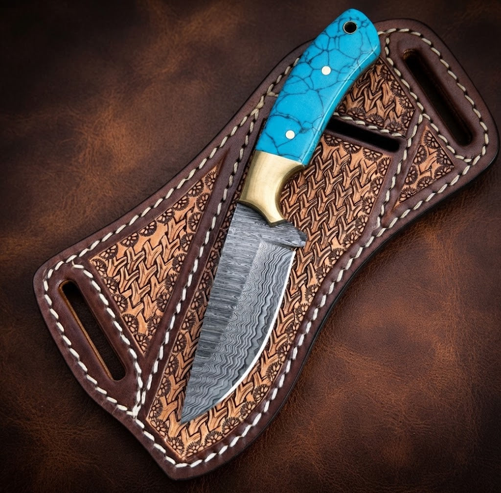 Handcrafted Cowboy Hunting Knife with Damascus Steel Blade, Resin Handle & Leather Sheath