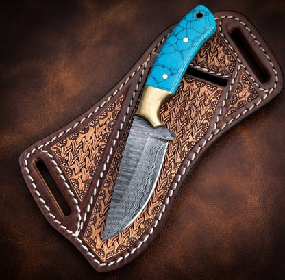 Handcrafted Cowboy Hunting Knife with Damascus Steel Blade, Resin Handle & Leather Sheath