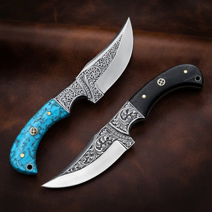 Hand-Engraved D2 Steel Hunting Knife Pair with Turquoise Resin & Wenge Wood Handles