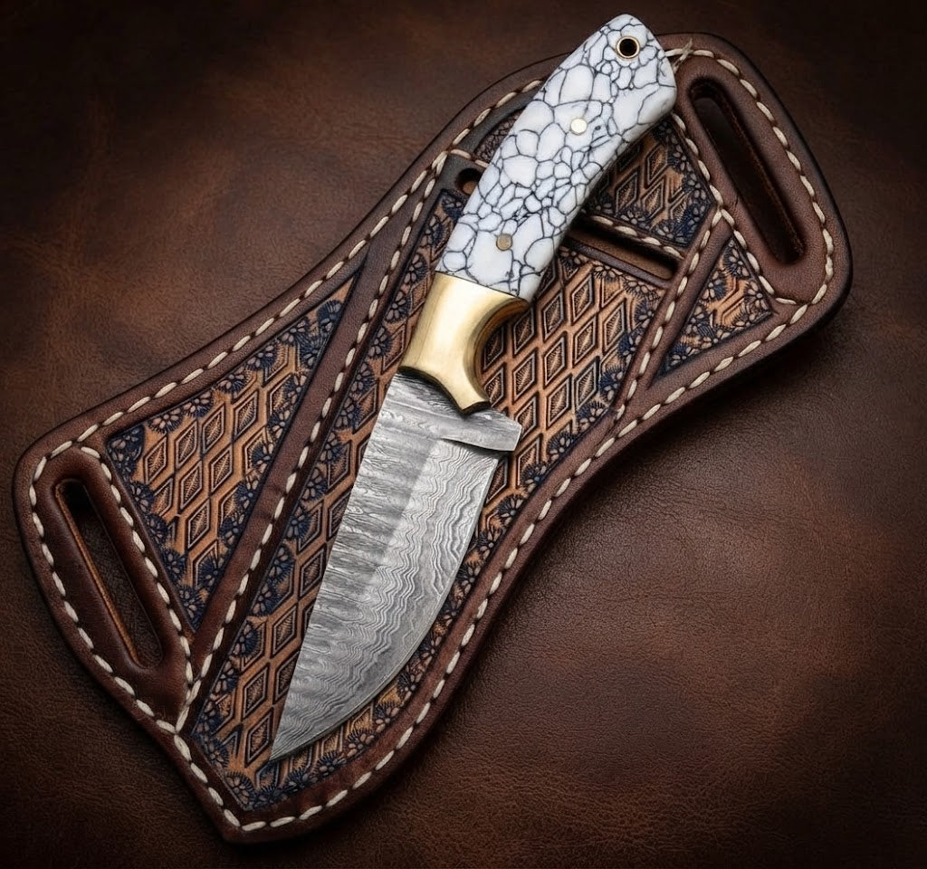 Custom Damascus Cowboy Hunting Knife White Resin Handle & Leather Sheath