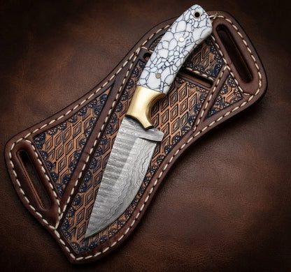 Custom Damascus Cowboy Hunting Knife White Resin Handle & Leather Sheath