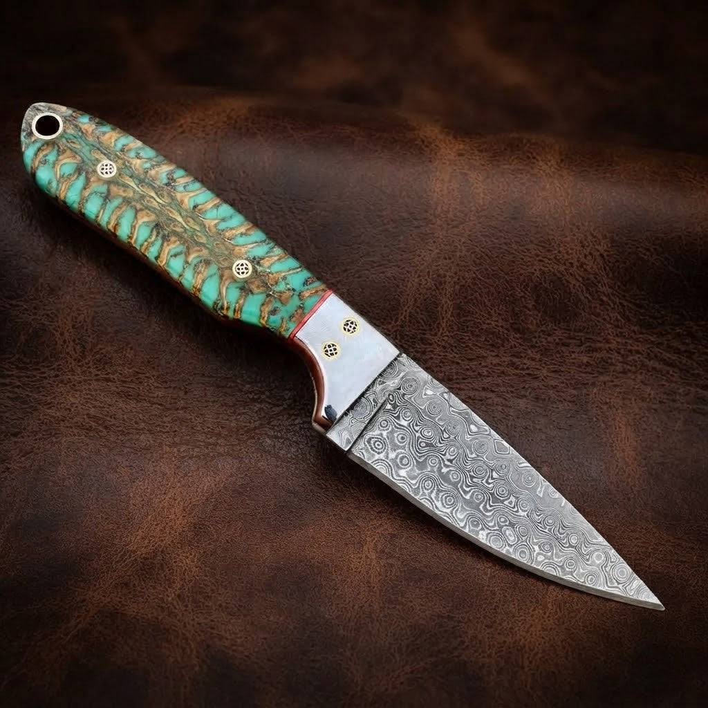 Handcrafted Custom Cowboy Hunting Knife Damascus Steel Blade Resin Handle with Tooled Leather Sheath