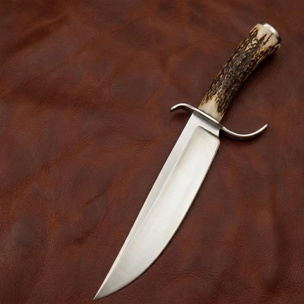Handcrafted D2 Steel Bowie Hunting Knife with Premium Stag Antler Handle